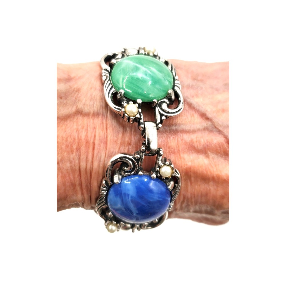 Vintage Blue Green Swirl Cabochon Bracelet Faux Pearl Silver Tone 7"